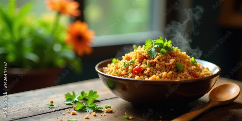 Aromatic Steaming Bowl of Savory Grain Medley with Fresh Herbs and Vibrant Vegetables on Rustic Wooden Table Aromatic Steaming Bowl of Savory Grain Medley with Fresh Herbs and Vibrant Vegetables on Rustic Wooden Table
