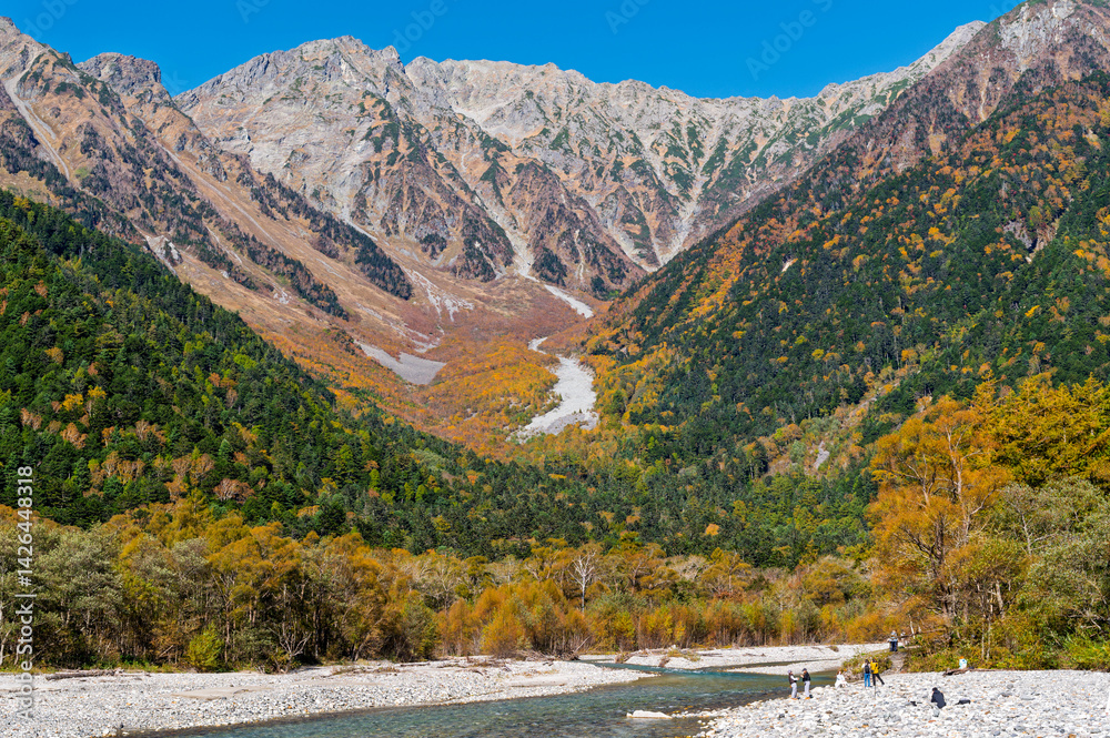 Autumn season of Kamikochi, Chubu-Sangaku National Park, Beautiful mountain, Nature landscape at Kamikochi Japan, autumn in the Northern Japan Alps with pond and mountain, Matsumoto, Nagano, Japan