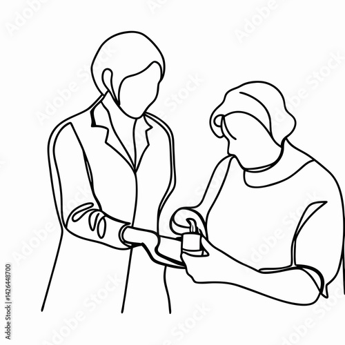 Nurse assisting elderly woman in line art illustration