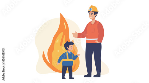 Using visual aids to teach children about fire safety, featuring educational illustrations, flames, warning signs, and parental guidance for learning emergency preparedness in a safe and engaging way