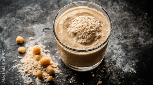 A close-up shot of a glass filled with creamy sattu drink, with roasted gram flour and jaggery beside it