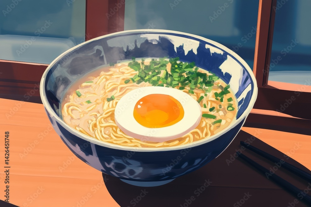 Bowl of ramen with soft boiled egg.
