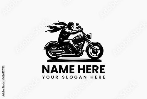 Dark gothic motorcycle rider with demonic elements, occult-inspired emblem for custom bike builders  