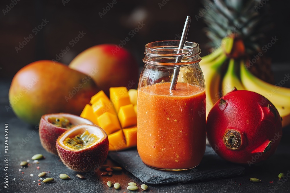 Tropical fruit smoothie in glass jar.