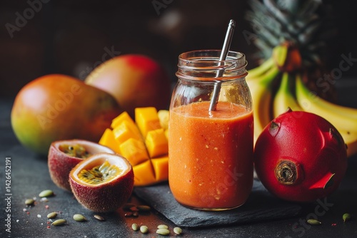Obraz na płótnie Tropical fruit smoothie in glass jar. w salonie