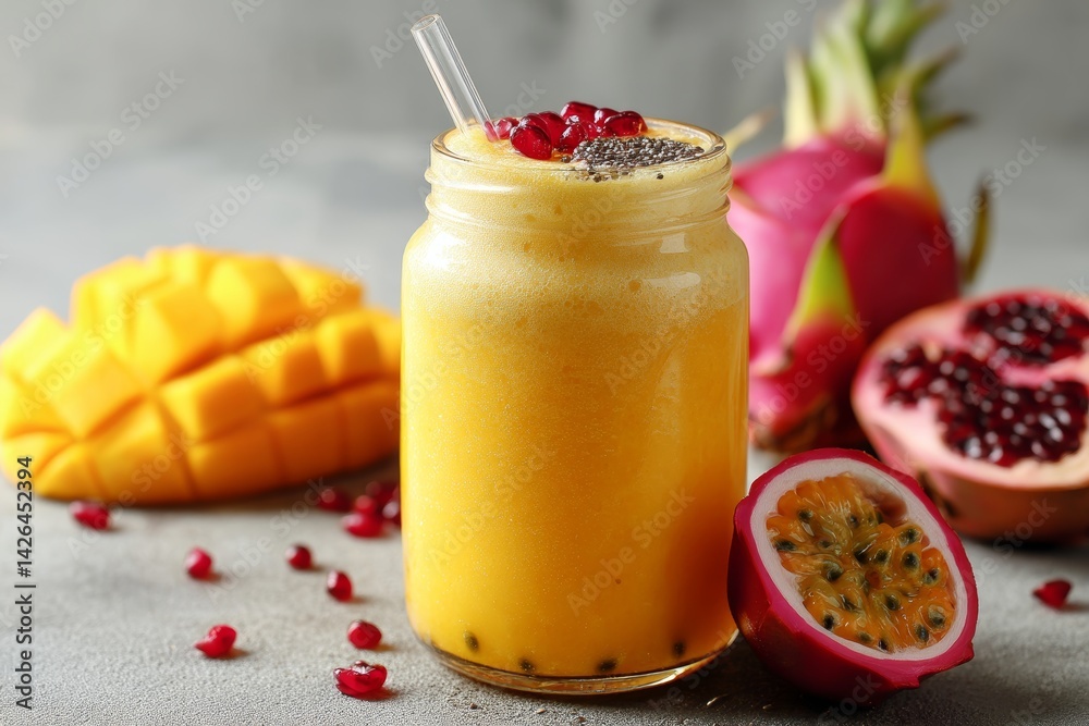 Tropical fruit smoothie in glass jar.
