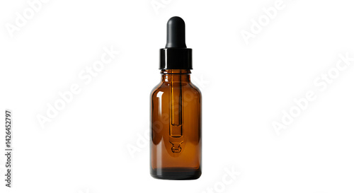 A close up shot of an amber glass bottle with a dropper against a stark black background studio shot