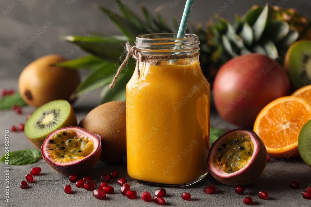 Tropical fruit smoothie in glass jar.