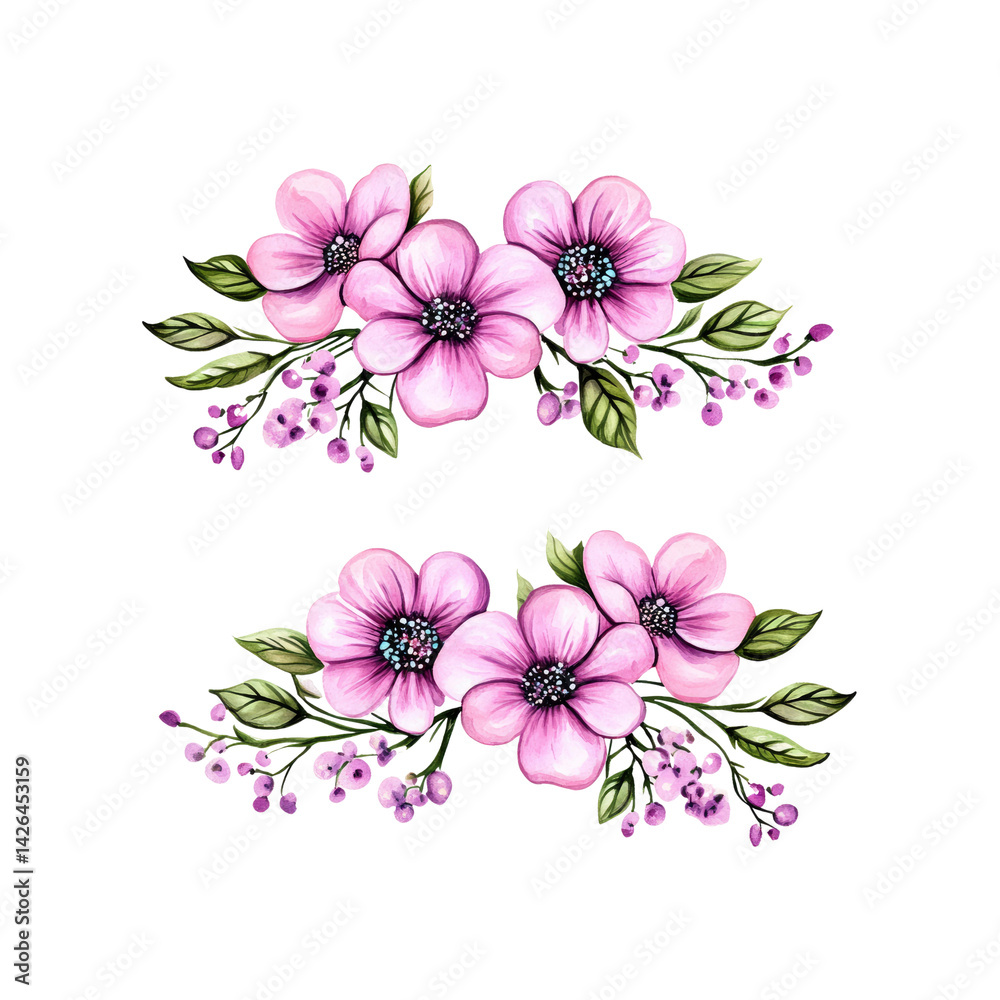 Fototapeta premium Two Watercolor Pink Flower Arrangements Isolated on Transparent Background