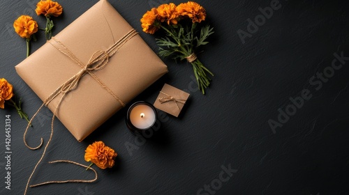 A brown box with a ribbon tied around it is on a table with a bunch of orange fl