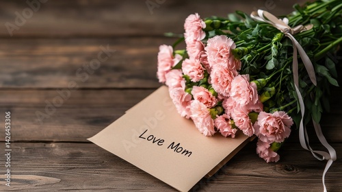 A bouquet of pink carnations is sitting on a wooden table next to a card that sa
