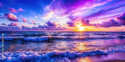 Serene Ocean Waves Crashing on the Shore at Sunset with Vibrant Purple and Gold Hues
