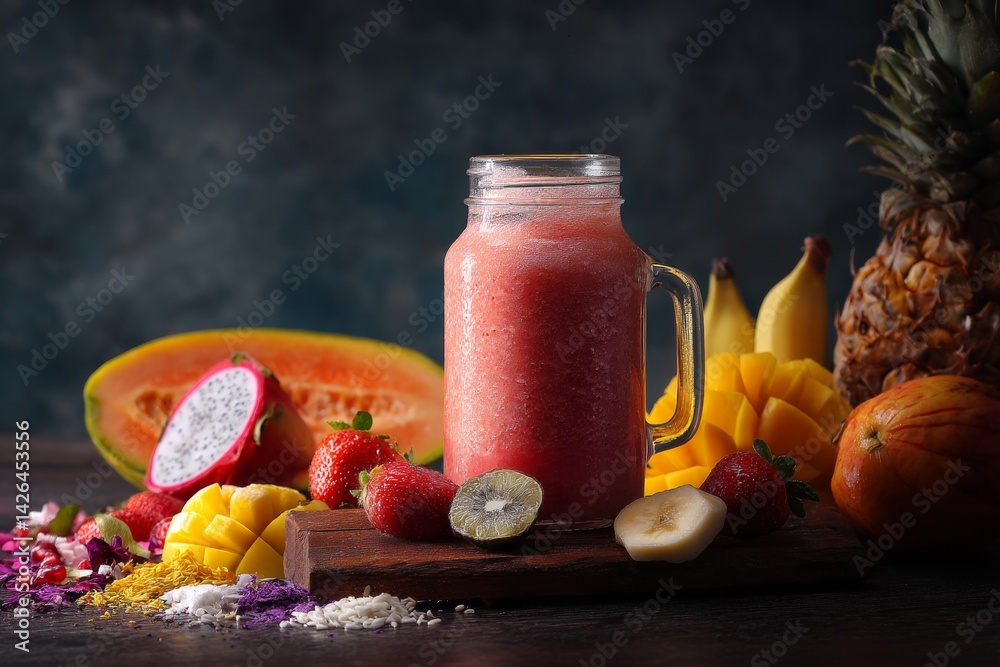 Tropical fruit smoothie in glass jar.