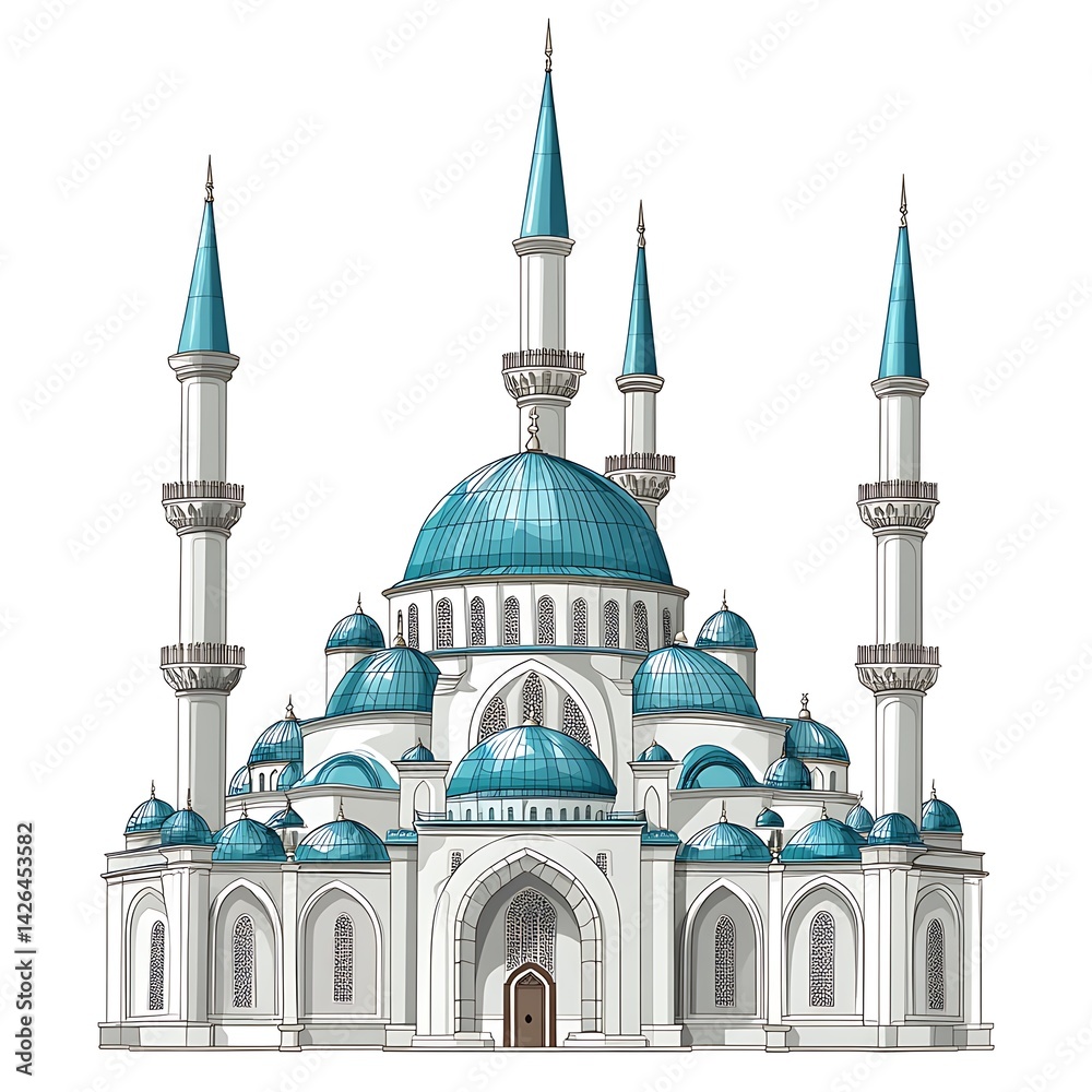 Fototapeta premium Mosque illustration, Islamic architecture, white and blue