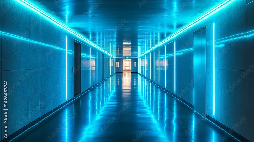 Fototapeta premium Futuristic, glowing hallway with vibrant blue lighting.