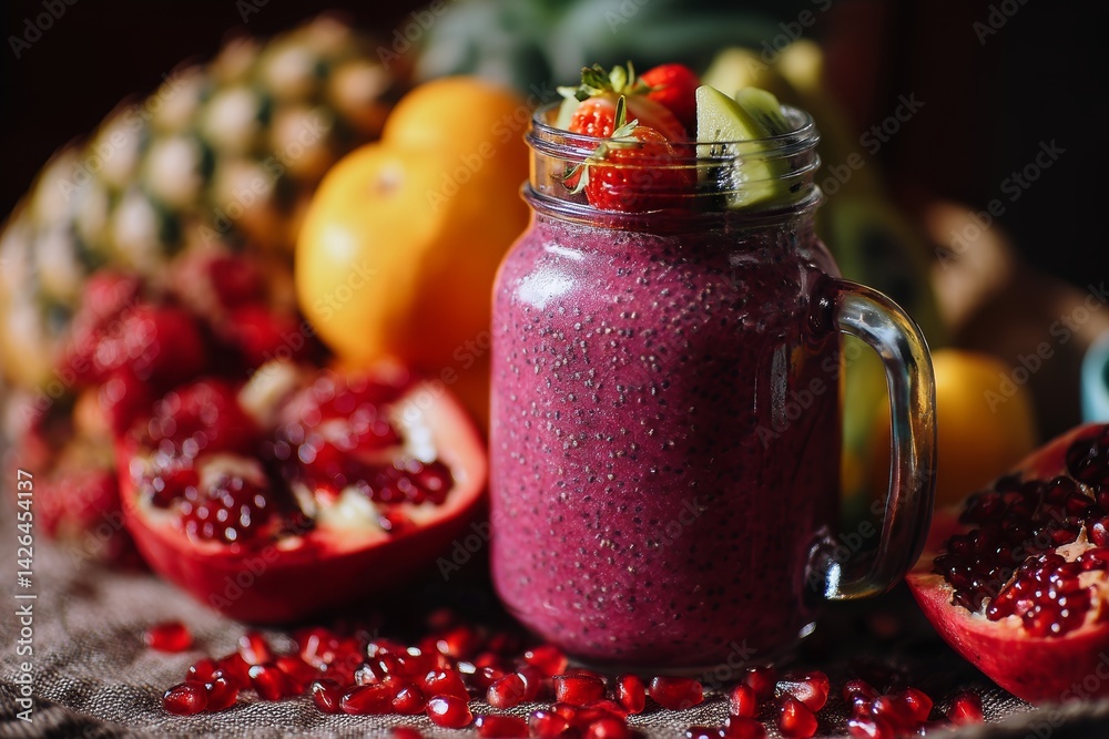Tropical fruit smoothie in glass jar.
