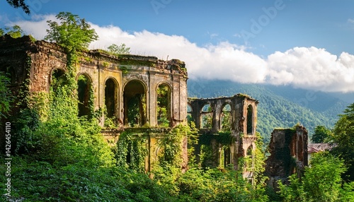 destroyed buildings in abandoned akarmara town tkvarcheli city abkhazia old ruins overgrown by green plants and trees in summer concept of war architecture