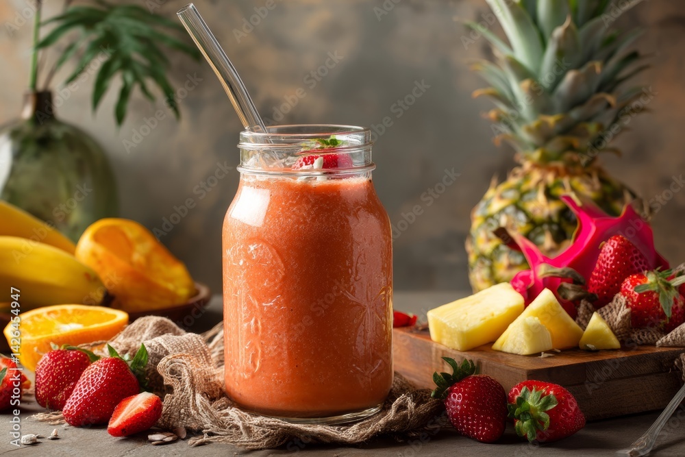 Tropical fruit smoothie in glass jar.