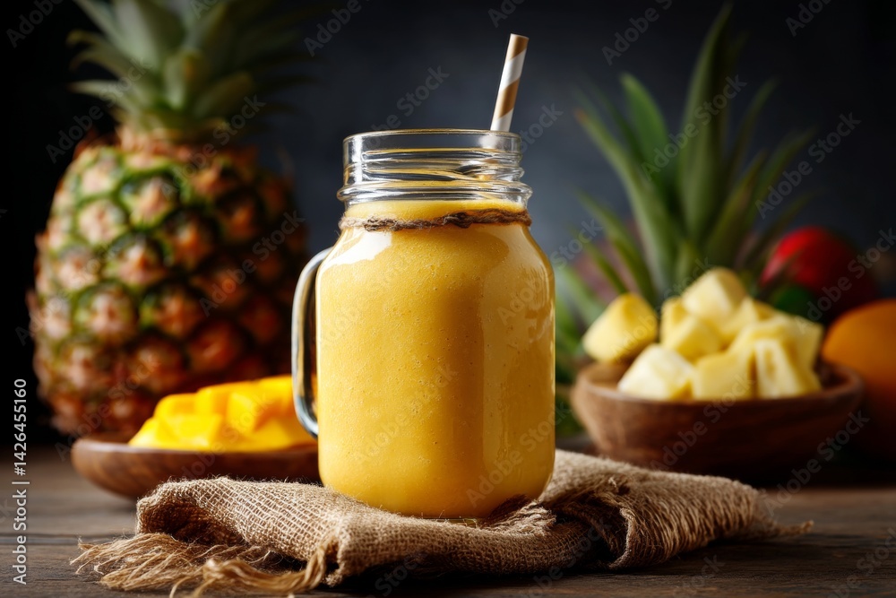 Tropical fruit smoothie in glass jar.