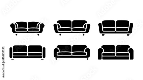 Sofa Icons Set: A collection of six distinct sofa icons, offering various styles and shapes, perfect for interior design projects or app interfaces.