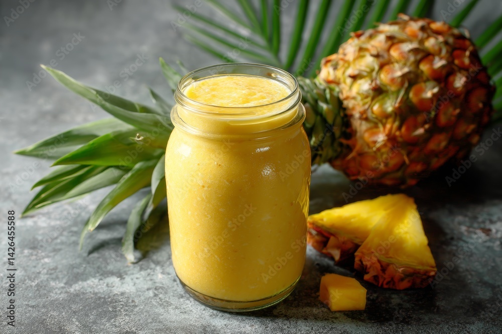 Tropical fruit smoothie in glass jar.