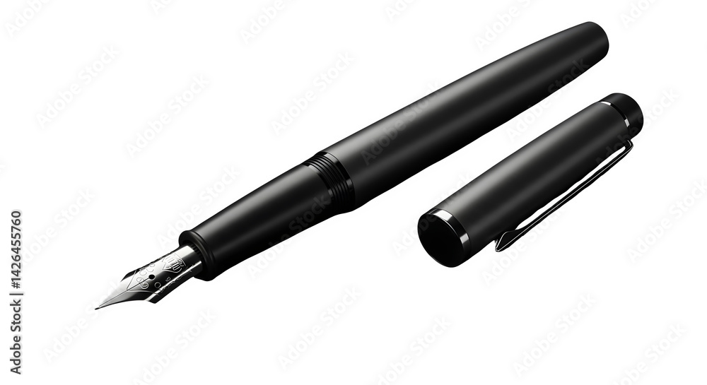 A black fountain pen with its cap lying next to it on black png, jpeg, jpg, transparent background, white background. isolated on transparent background A black fountain pen with its cap lying next to it on black png, jpeg, jpg, transparent background, white background. isolated on transparent background