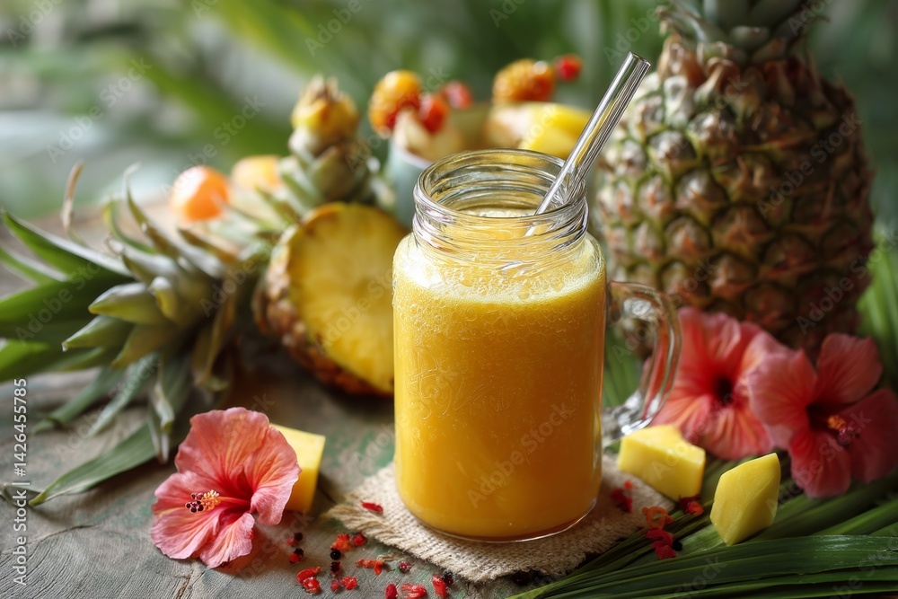 Tropical fruit smoothie in glass jar.