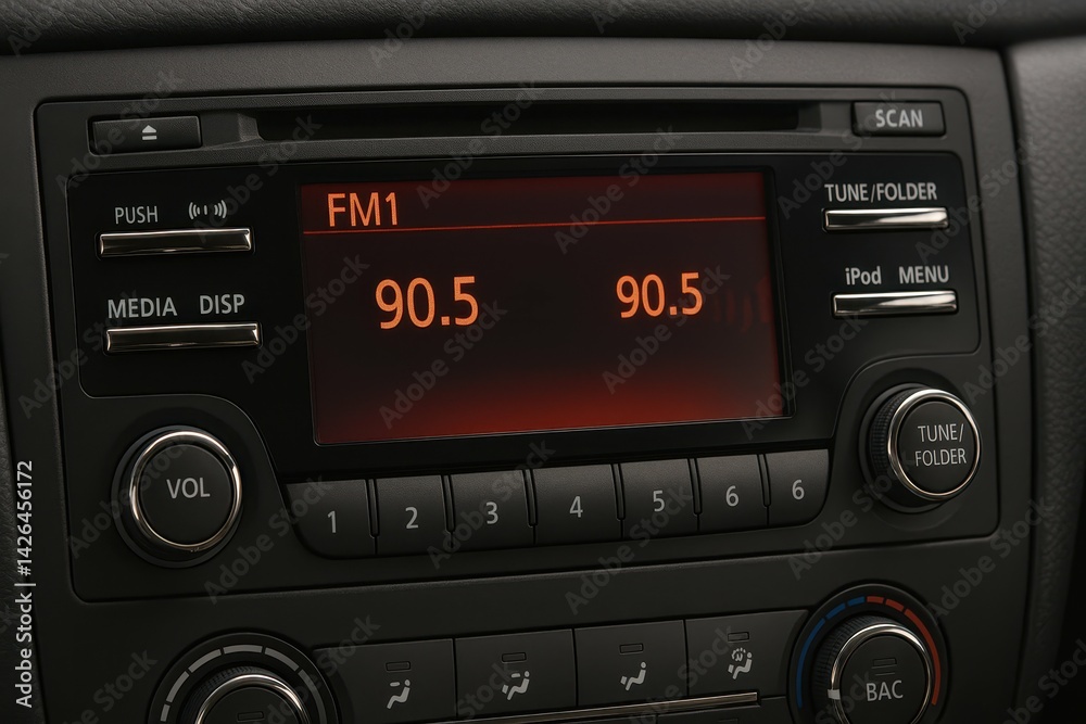 Close-Up of Car Radio Display with FM Station Tuning Close-Up of Car Radio Display with FM Station Tuning