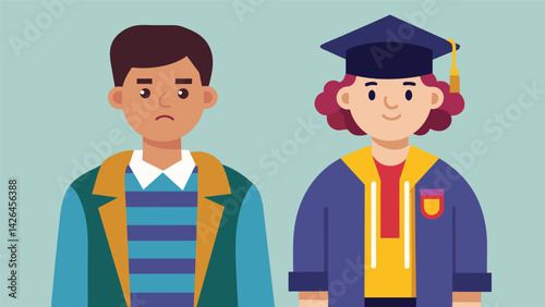 A student at a university dressed in designer clothes compared to a student at a community college wearing thrifted or handmedown clothing.. Vector illustration