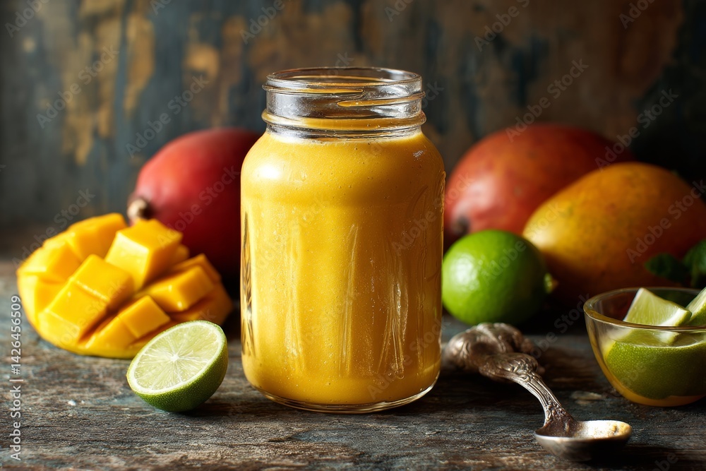 Tropical fruit smoothie in glass jar.