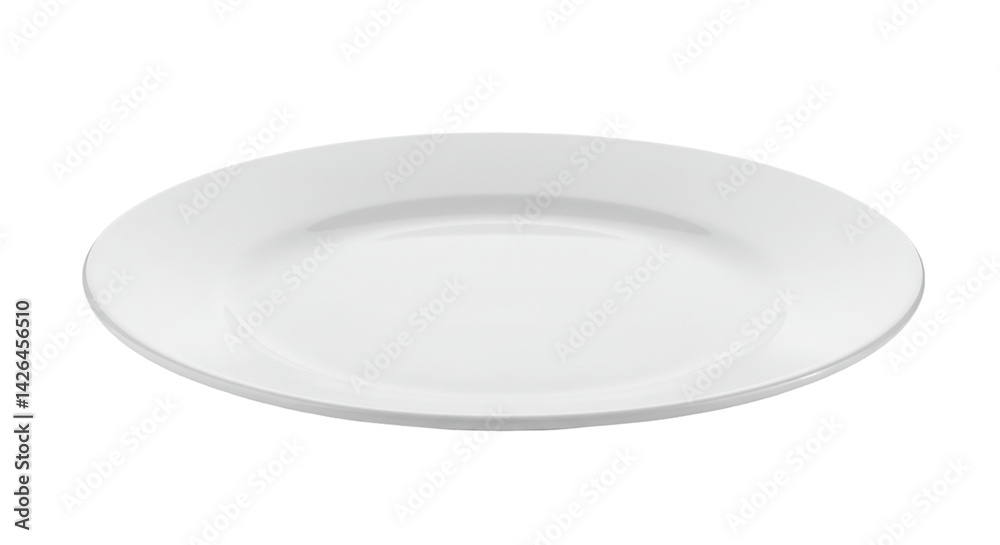 A slightly angled view of a plain white ceramic plate against a solid black background in a studio setting A slightly angled view of a plain white ceramic plate against a solid black background in a studio setting
