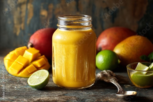 Obraz na płótnie Tropical fruit smoothie in glass jar. w salonie