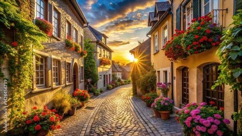 Cobblestone lane at sunset, charming houses adorned with vibrant flower boxes, idyllic village scene