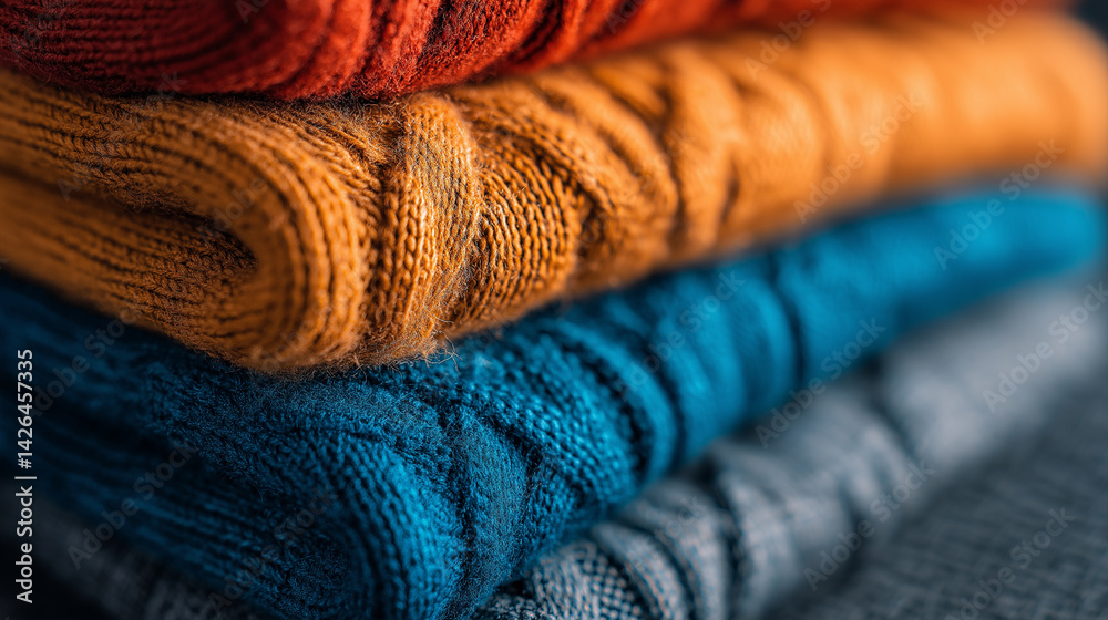 Fototapeta premium Cozy Layers of Color: A close-up shot of a stack of brightly colored sweaters, each with a unique textured weave. The rich colors and patterns create a sense of warmth and comfort. 