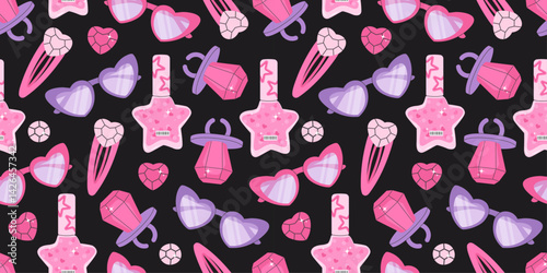 Trendy Y2K dark seamless pattern with stylish accessories like heart-shaped sunglasses, jewelry, nail polish, and sparkling elements. Nostalgic and glamorous design for fashion and beauty themes.