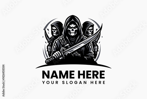 Stylized Black Raider Vector Graphic. Hooded Skull Warrior Design