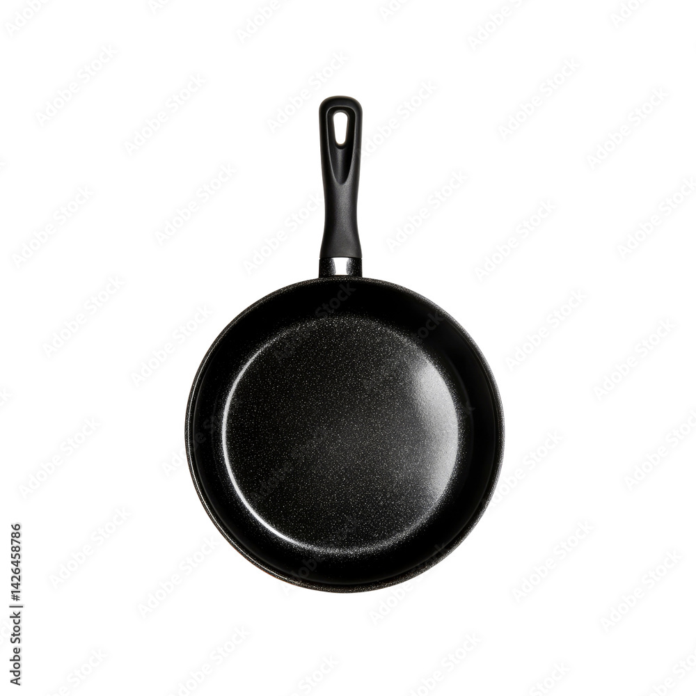Top View of a Black Non-Stick Frying Pan with a Black Handle on a Transparent Background