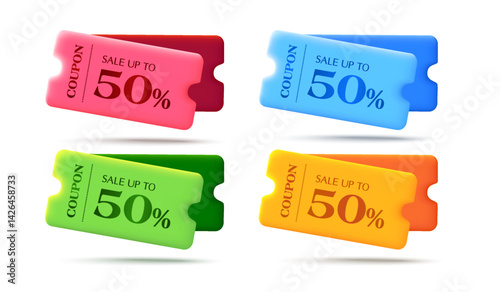 Set of 3d special coupons in different color with coupon code, percent price off, isolated on white background. Special sale discount voucher poster for promotion campaign. 3d flash sale coupon vector