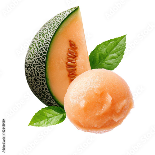 Refreshing melon sorbet garnished with fresh mint leaves. isolated against a transparent background.