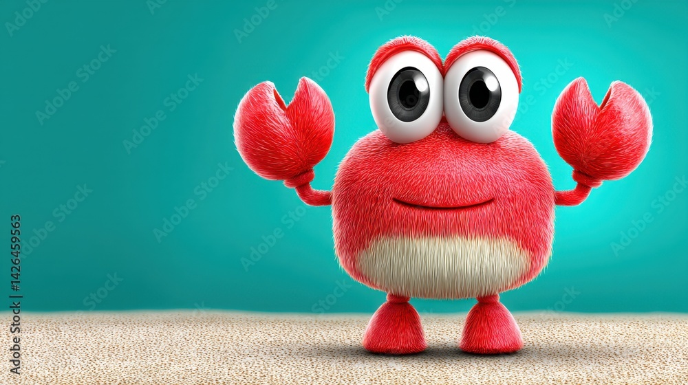 Fototapeta premium Playful Red Cartoon Crab on Sandy Beach with Teal Background