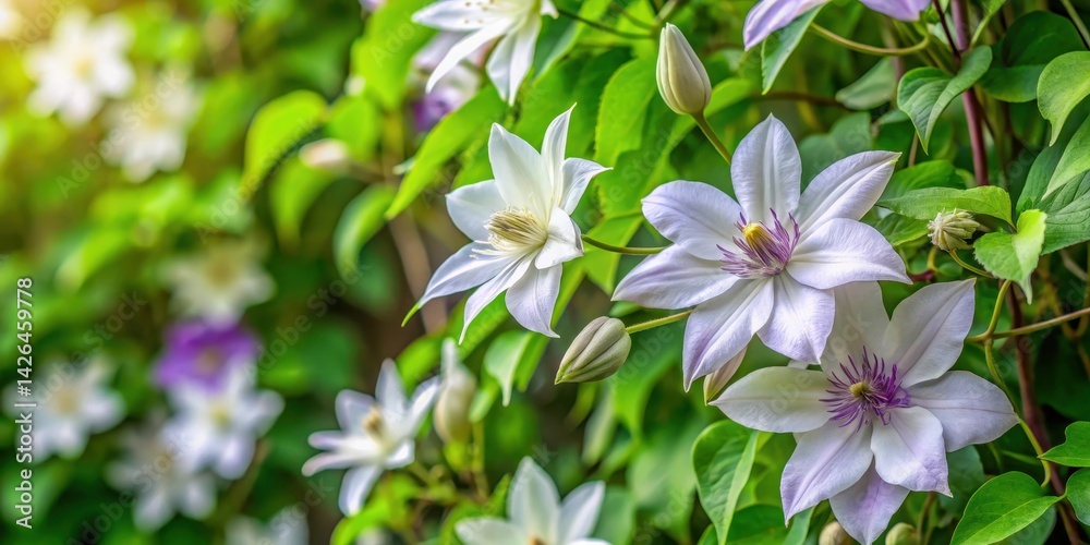 Fragrant white flowers on a climbing vine surrounded by lush green leaves and intricate purple tendrils , flower, blooming Fragrant white flowers on a climbing vine surrounded by lush green leaves and intricate purple tendrils , flower, blooming