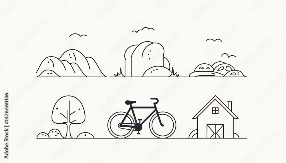 Minimalist city life sketch in black and white representing urban and suburban community elements Minimalist city life sketch in black and white representing urban and suburban community elements