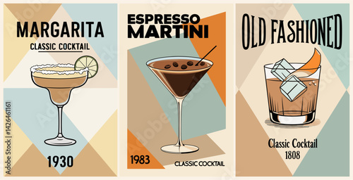 Cocktails retro poster set. Espresso Martini, Margarita, Old fashioned. Collection of popular alcohol drinks. Vintage flat vector illustrations for bar, pub, restaurant, kitchen wall art print