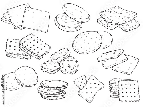 Collection of hand drawn crackers snd biscuits outline drawing food illustration 