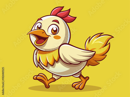 A cheerful vector of a cartoon baby chicken walking with an open beak, on a solid warm yellow background