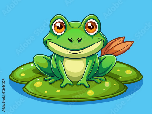 A vibrant vector of a green cartoon frog sitting on a lily pad, on a solid light blue background