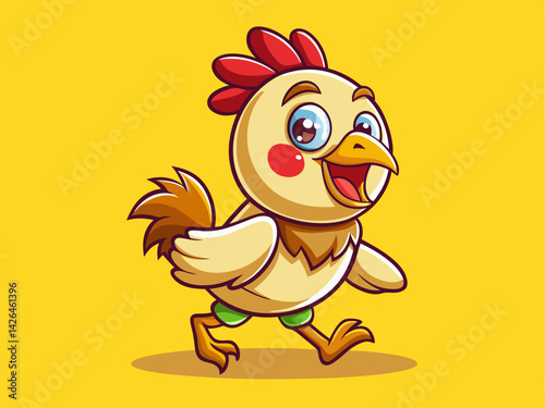 A cheerful vector of a cartoon baby chicken walking with an open beak, on a solid warm yellow background