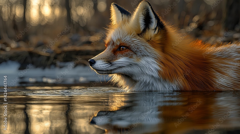 Naklejka premium Red fox bathing in a shallow winter stream.
