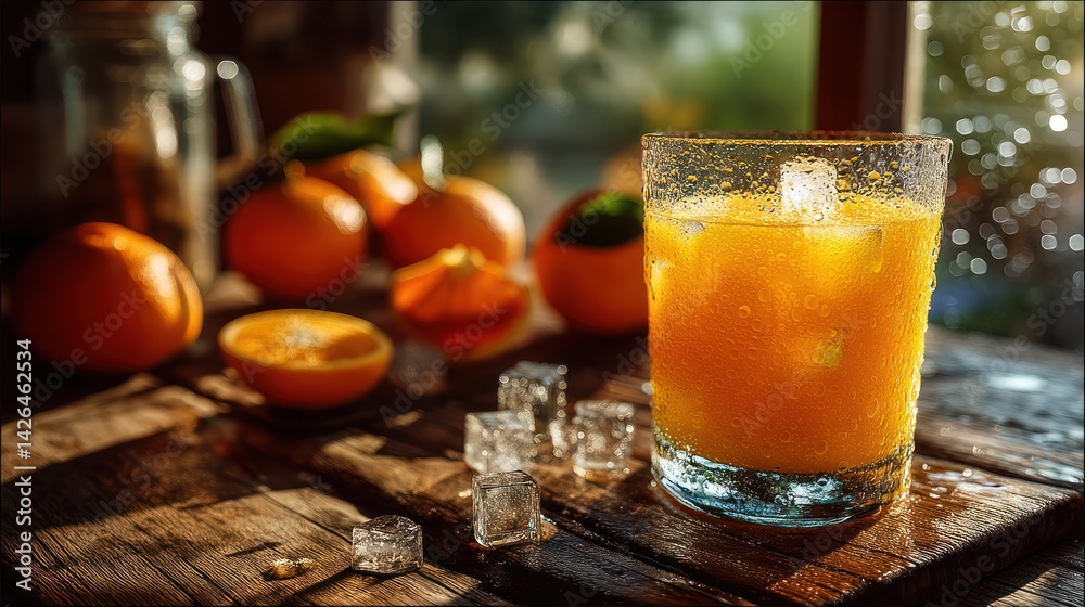 Freshly squeezed orange juice in a glass, surrounded by citrus fruits. Freshly squeezed orange juice in a glass, surrounded by citrus fruits.