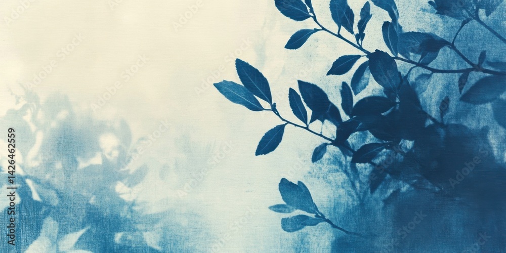 Artistic blue botanical silhouettes with light and shadow play